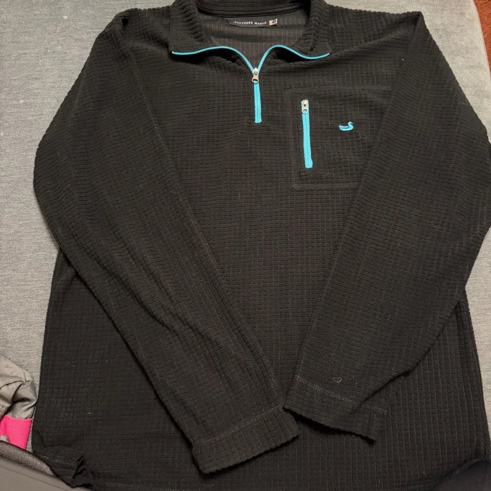 Southern Marsh Fieldtec Mens Black Waffle Fleece Quarter Zip Pullover Teal XL